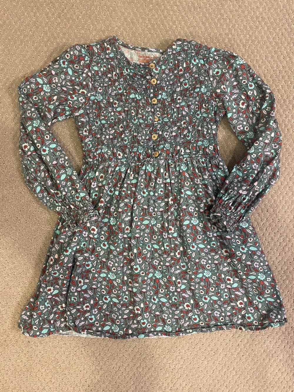 Cat & Jack Floral Smocked Long-Sleeve Dress in Teal, Rust, White